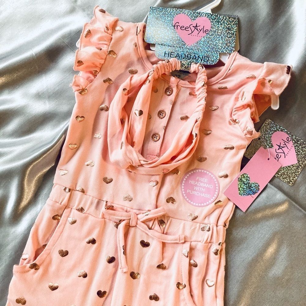 Freestyle 2T Rose Gold Pink Jumpsuit Set Headband